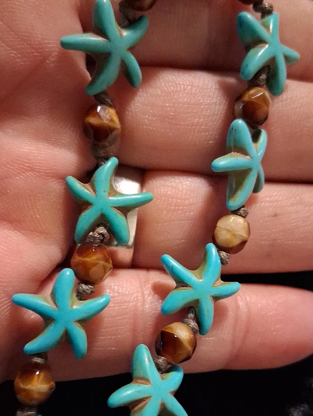 Turquoise Starfish Bead Anklet Bracelet with Brown Accent Stones - 10 To 12 In L